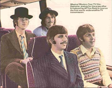 Magical Mystery Tour TV film. Oppsite: posing for the press after broadcasting All You Need Is Love on the first world-wide satellite TV transmission