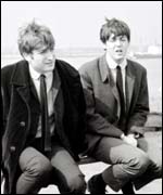 John Lennon and Paul McCartney during the filming of 'Mersey Sounds'