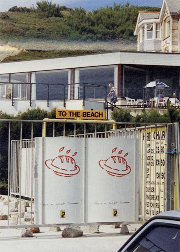 Special-edition summery posters advertising Flaming Pie were posted beside surfing beaches in Cornwall, England